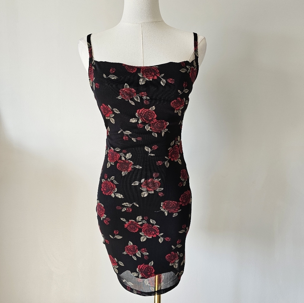 Garage Xs Cowl Neck Mini Floral Black and Red Dress